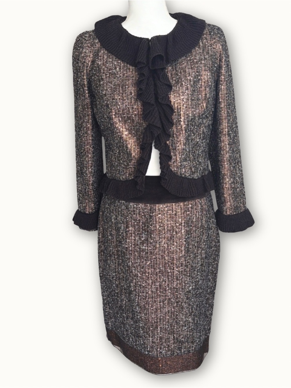 Magaschoni Metallic Tweed 2-Pc Skirt Suit Size 8 Gold Copper Sequin Trim